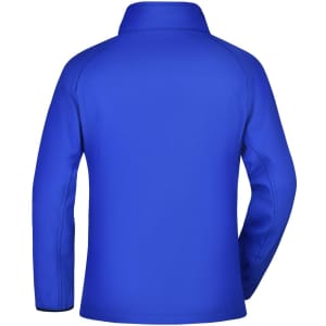 A softshell jacket in a vibrant blue colour, featuring a collar and long sleeves. The jacket has a branding logo.