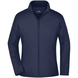 A navy softshell jacket with a full zip and zippered pockets. It features a collar and has a logo on it.