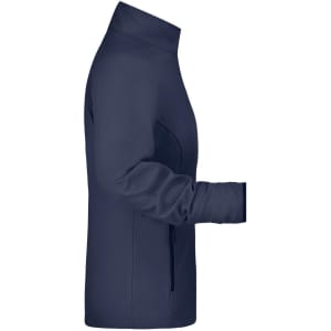 A navy softshell jacket for ladies, featuring a high collar and zippered pockets, with a logo on the side.