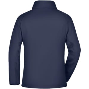 A navy ladies softshell jacket with a collar and long sleeves, featuring a back view. It has a logo.