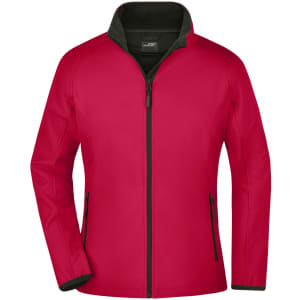 A red ladies softshell jacket with black accents and a zippered front. It features side pockets and a collar.