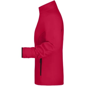 A red softshell jacket with a zippered pocket and a collar, featuring black accents. It has a tailored fit.