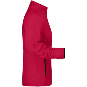 A red ladies' softshell jacket with a high collar and black accents on the pockets and sleeves.
