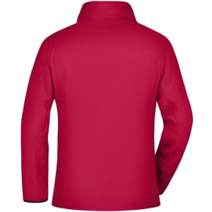 A red ladies' softshell jacket with a collar and long sleeves, featuring a logo on the back.