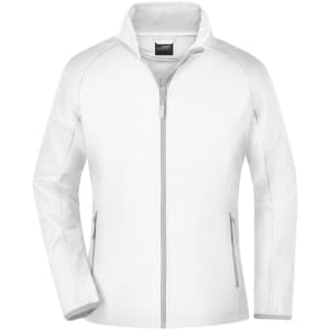 A white softshell jacket featuring a zip front, two side pockets, and a logo on the chest.
