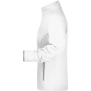 A white softshell jacket featuring a high collar and a zippered side pocket, with a logo on it.