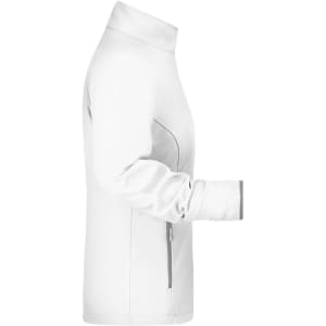 A white ladies softshell jacket featuring a high collar and zippered pockets, with a logo on the sleeve.
