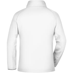 A white softshell jacket with a collar, featuring a back view and a logo.