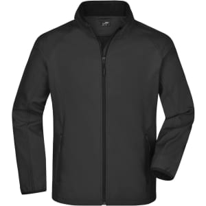 A black softshell jacket featuring a zip front and two side pockets, with a logo on the chest.