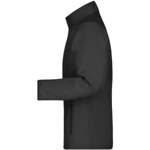 A black softshell jacket displayed in profile, featuring a sleek design and a logo on the sleeve.