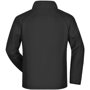 A black men's softshell jacket with a collar and a logo on the back.