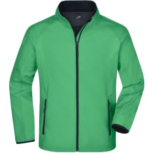 A green softshell jacket with a black inner lining and zippered pockets, featuring a logo on the chest.
