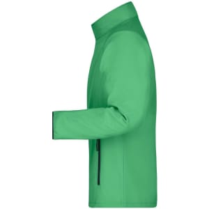 A green softshell jacket with a side view, featuring a collar and zippered pockets, and a logo on the design.