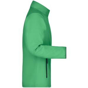 A green men's softshell jacket with a zippered pocket, featuring a simple design and a branded logo.