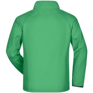 A green softshell jacket with a high collar and long sleeves, featuring a logo on the back.