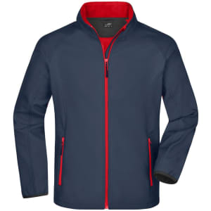 A navy softshell jacket with red accents and pockets, featuring a zip closure and a collar.