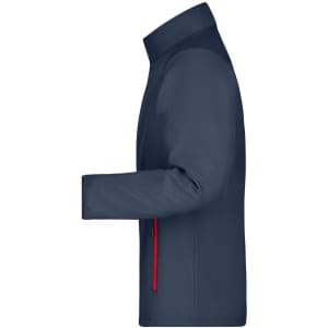 A navy softshell jacket with a zippered pocket and red detailing. It has a sleek, modern design and a logo.