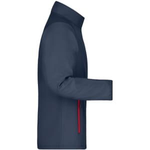A navy softshell jacket with a sleek design and a red zip pocket. It features a stand-up collar and a minimalistic structure.