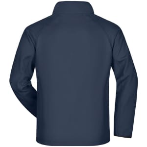 A men's navy softshell jacket featuring a high collar and long sleeves. The back includes a subtle logo.