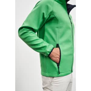 A green softshell jacket with a zipper and pockets, featuring a black interior and sleeve detailing.