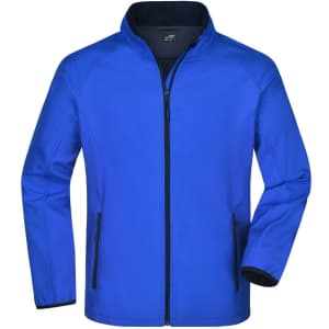 A blue softshell jacket with a front zipper and side pockets, featuring a logo on the chest.