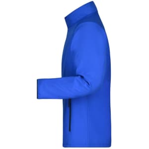 A blue softshell jacket with a side view, featuring a zippered front and a logo on the sleeve.