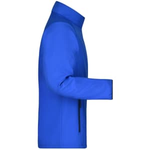 A blue men's softshell jacket featuring long sleeves and a front zip. It includes a logo on the design.