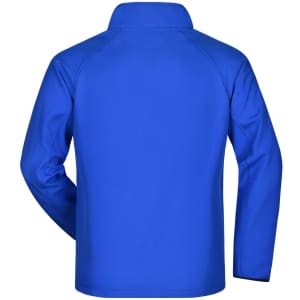 A blue men's softshell jacket featuring a smooth texture and a high collar, with a branding logo on the back.