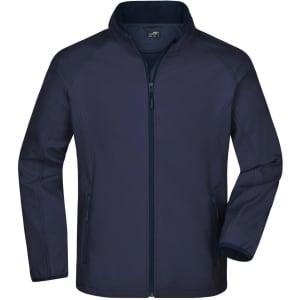 A navy men's softshell jacket with a zip front, featuring side pockets and a collar. It has a logo on it.