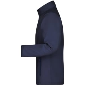 A soft shell jacket in navy blue with a sleek design and a side profile view, featuring a logo on the fabric.