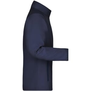 A navy softshell jacket featuring long sleeves and a zip closure, with branding on the fabric.