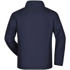 A navy softshell jacket with a high collar and long sleeves, featuring a logo on the back.