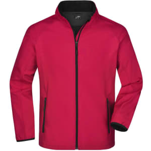 A red softshell jacket with a zip front and black accents, featuring side pockets and a collar.