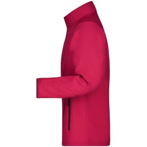 A red softshell jacket with a high collar and a zippered pocket. It features a logo on the chest area.