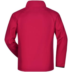 A red softshell jacket with a high collar, featuring a logo on the back.