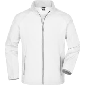 A white men's softshell jacket with grey accents, featuring a zip front and pockets, and includes a logo.