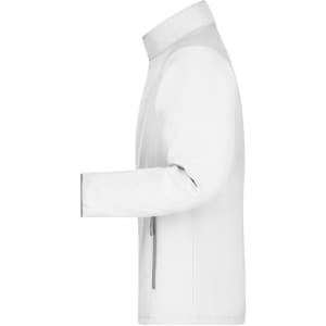 A white men's softshell jacket featuring a side view with a collar and a zippered pocket. It has a logo on it.