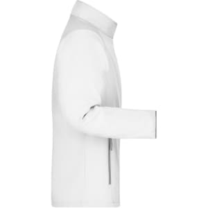 A white softshell jacket displayed from the side, featuring a collar and a zippered pocket, with a logo visible.