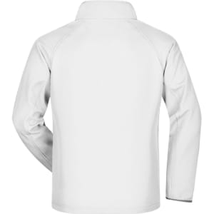 A white men's softshell jacket with a high collar, featuring a logo on the back.