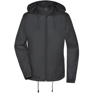 A black rain jacket with a hood, featuring a zipper and adjustable drawstrings at the hem and cuffs. It has a logo.