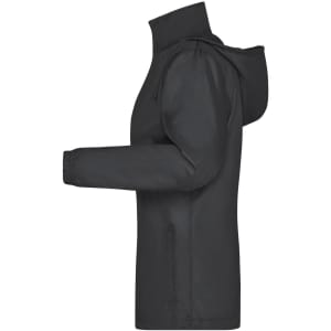 A ladies rain jacket in black, featuring a hood and a fitted design. It includes a logo on the side.