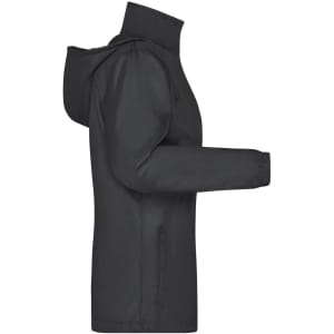 A black ladies' rain jacket featuring a hood and side pockets, with a logo on the front.
