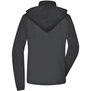 A ladies' rain jacket in black with a hood, featuring a branded logo on the back.