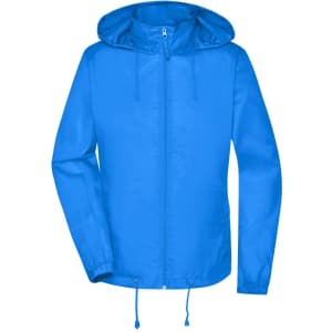 A bright blue rain jacket with a hood, featuring a zip front and adjustable drawstrings. It has branding on it.