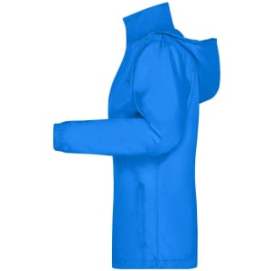 A blue ladies rain jacket with a hood and long sleeves, featuring a logo on the front.
