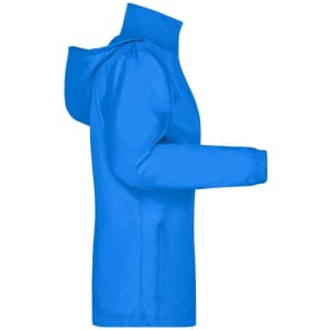 A blue ladies rain jacket with a hood and long sleeves, featuring a side view and a logo.