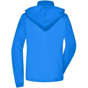 A blue ladies rain jacket with a hood, featuring a logo on the back.