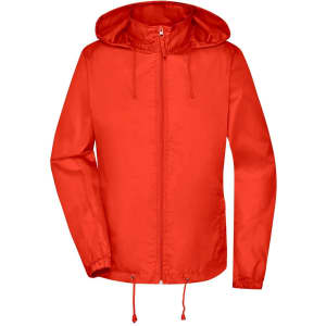 A red rain jacket with a hood, featuring a zip front and drawstrings at the hem and cuffs. It has a logo.