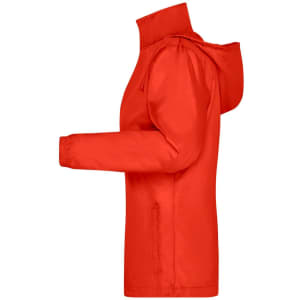 A red rain jacket featuring a hood and a side pocket. It has a branded logo on the surface.
