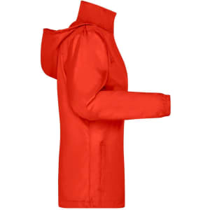 A red ladies rain jacket with a hood, featuring a zip and elastic cuffs, and a logo on it.